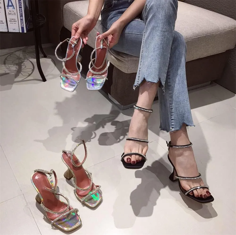 keleimusi Diamante Strap Heeled Sandals for Women Ankle Strappy Flared High Heels 4 Inches