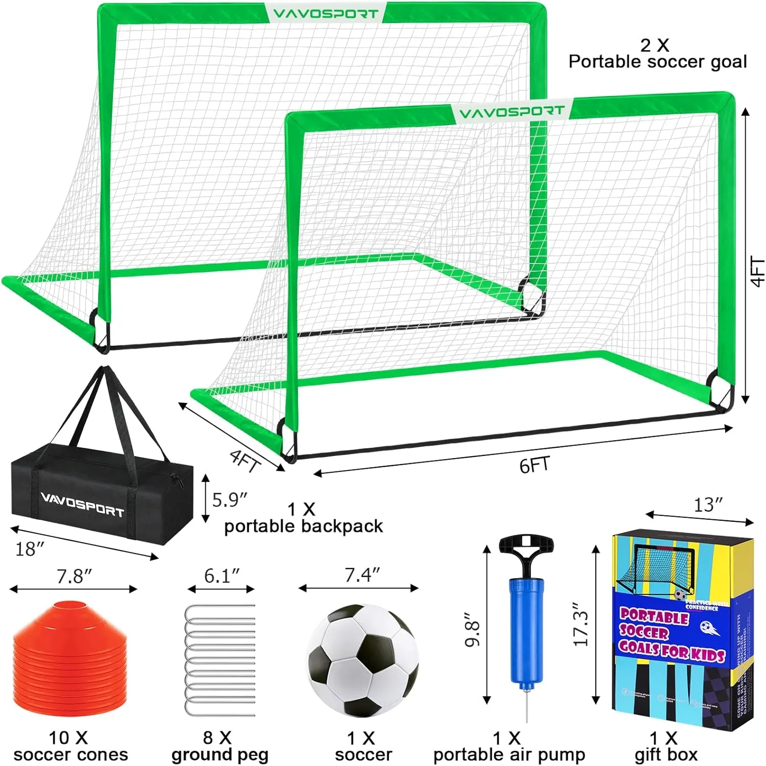 Kids Soccer Goals for Backyard Set - 2 of 6x4 ft Portable Soccer Goal Training Equipment, Practice Soccer Net with Soccer Ball, Cones, Bag, Soccer Set for Kids Youth Toddler Games, Sports Outdoor Play