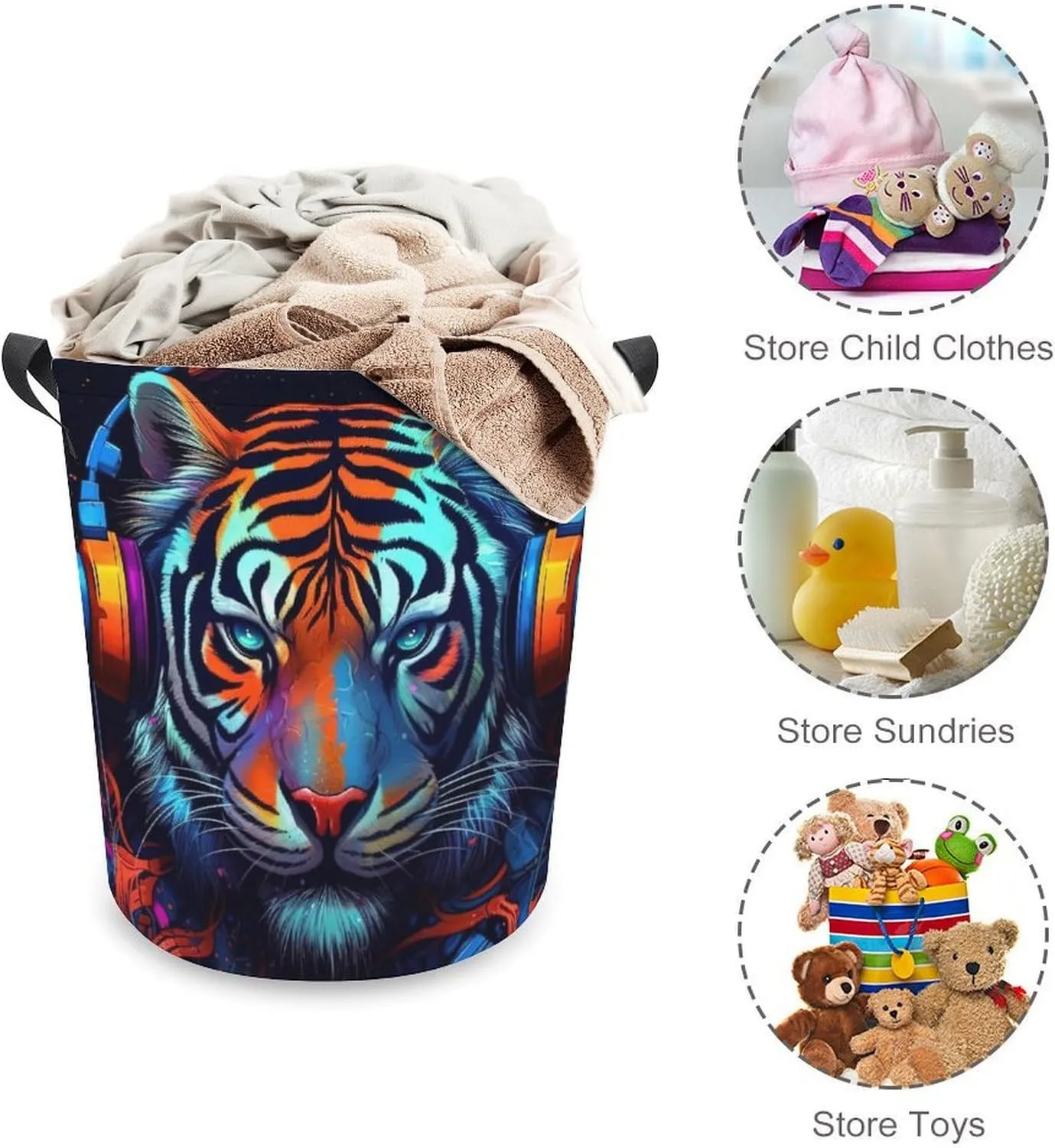 King of Forest Laundry Basket, Tiger Collapsible Laundry Hamper, Waterproof Oxford Cloth Laundry Bag with Handles, Carnivore Clothes Toy Organizer Basket for Room, style-4