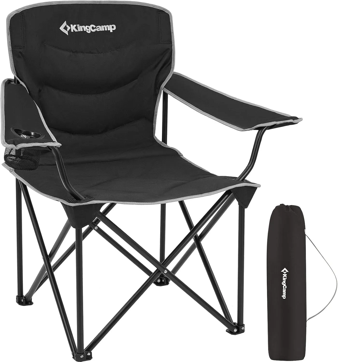 KingCamp Folding Camping Oversized Portable Padded Quad Chairs with Cup Holder and Carry Bag Heavy Duty Supports 300lbs for Outdoor, Fishing, Picnic, Sports, 37.4" x 22.8" x 38.9", Black1