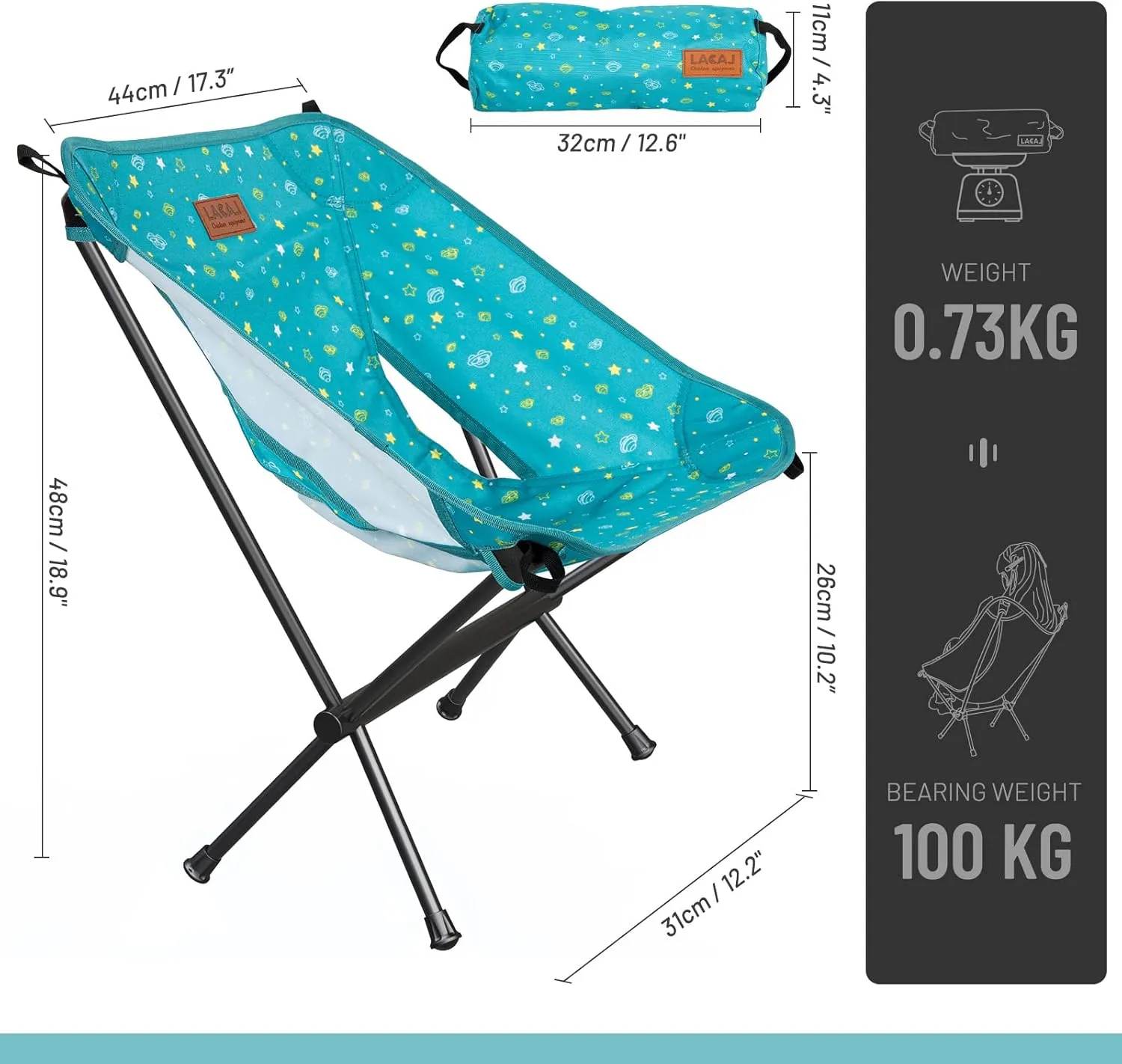 LACAL Protable Lightweight Chair for Youth, Compact Folding Size 12.6“×4.3", Only Weights 1.6lbs, 600D Oxford Fabric, Durable Aluminum Alloy Frame, Easy to Storage & Carry(Green)