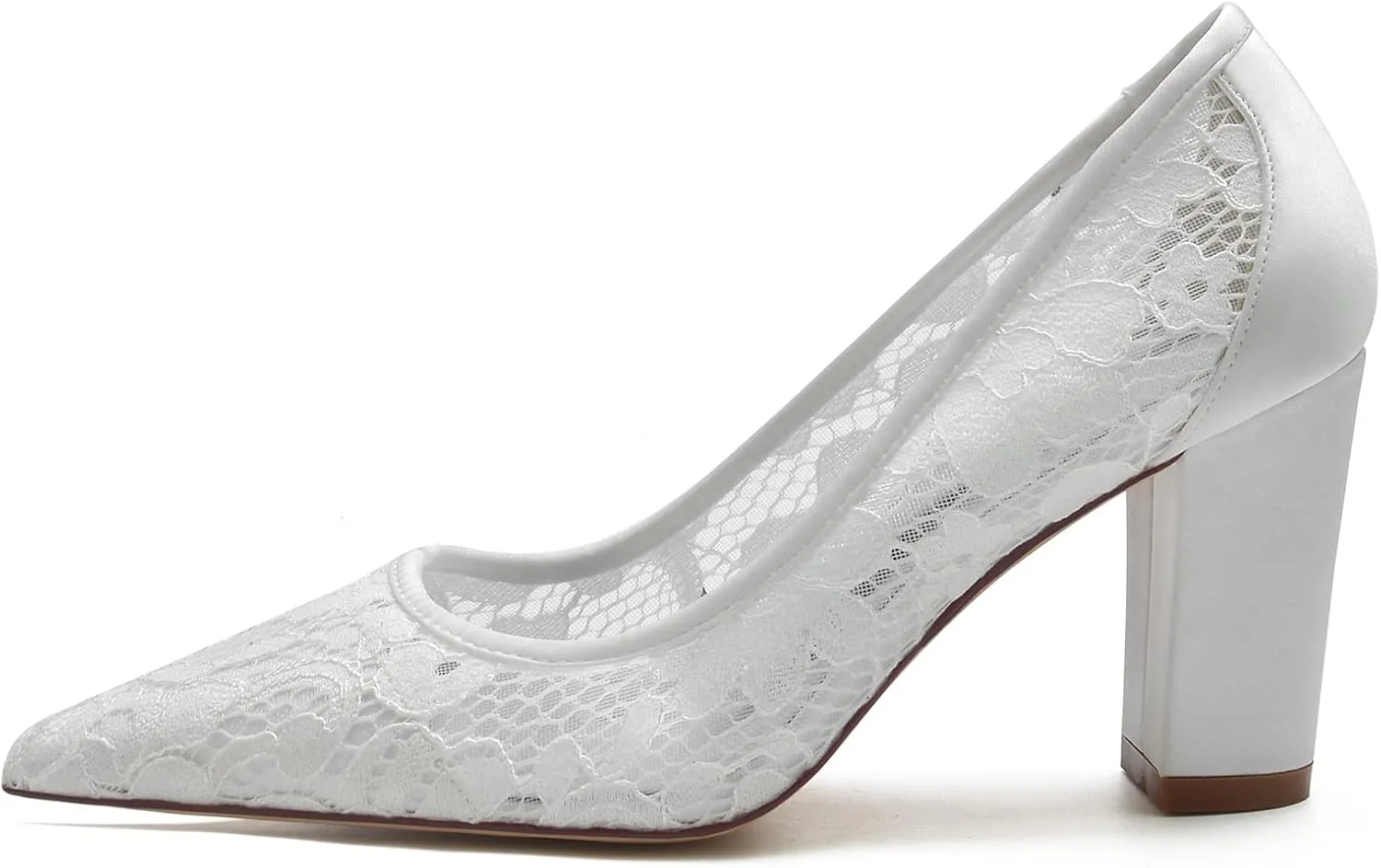 Lace Closed Toe Wedding Shoes 8.5Cm Chunky Heel Bridesmaid Shoes for Wedding Satin Slip on Ivory Court Shoes