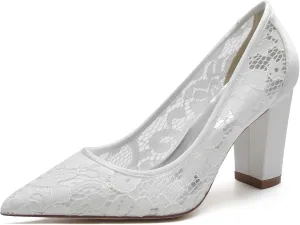Lace Closed Toe Wedding Shoes 8.5Cm Chunky Heel Bridesmaid Shoes for Wedding Satin Slip on Ivory Court Shoes