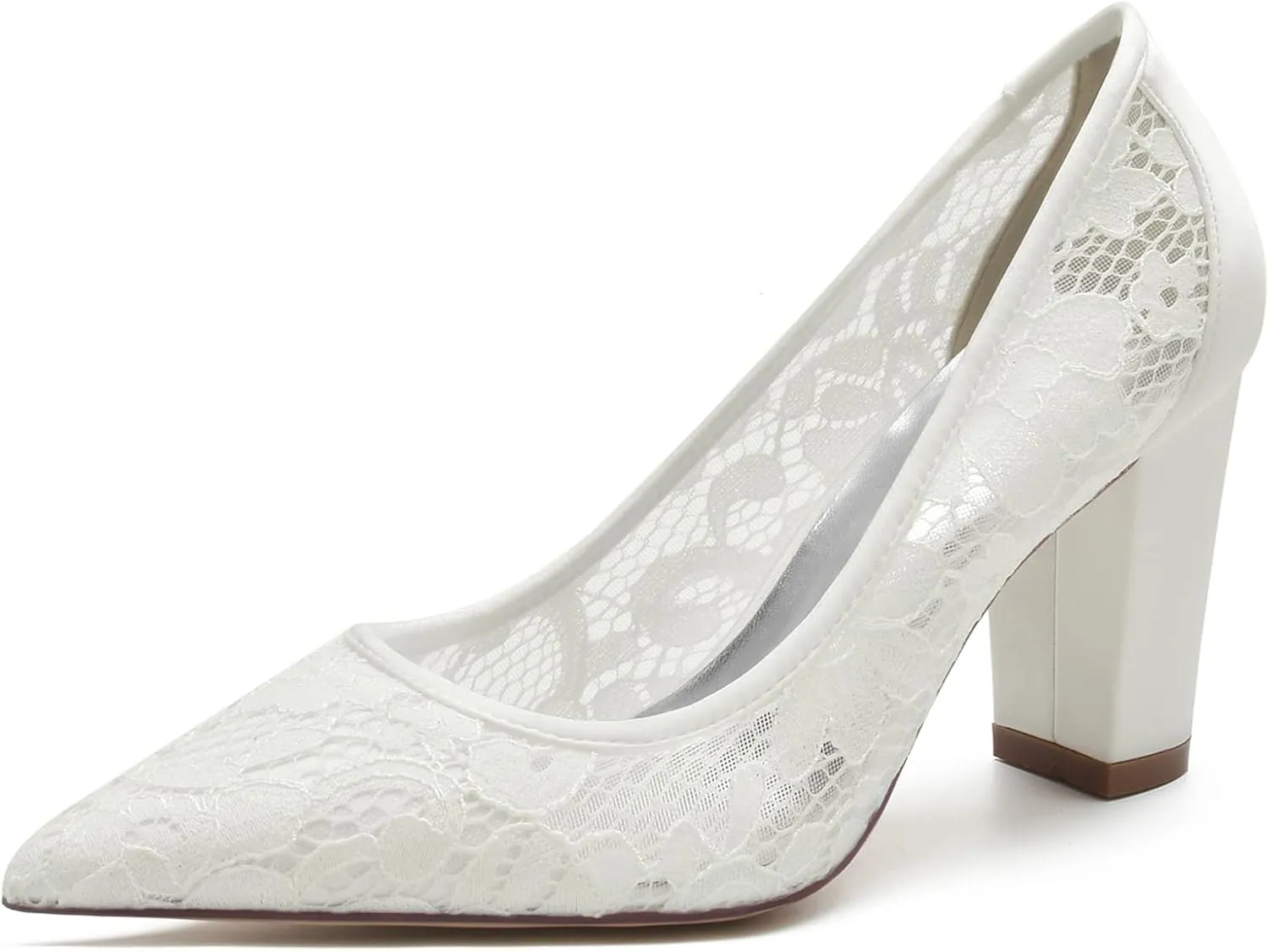 Lace Closed Toe Wedding Shoes 8.5Cm Chunky Heel Bridesmaid Shoes for Wedding Satin Slip on Ivory Court Shoes