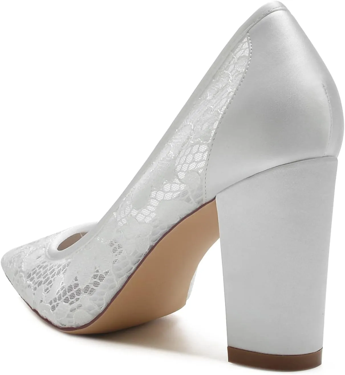 Lace Closed Toe Wedding Shoes 8.5Cm Chunky Heel Bridesmaid Shoes for Wedding Satin Slip on Ivory Court Shoes