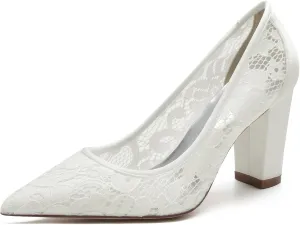 Lace Closed Toe Wedding Shoes 8.5Cm Chunky Heel Bridesmaid Shoes for Wedding Satin Slip on Ivory Court Shoes