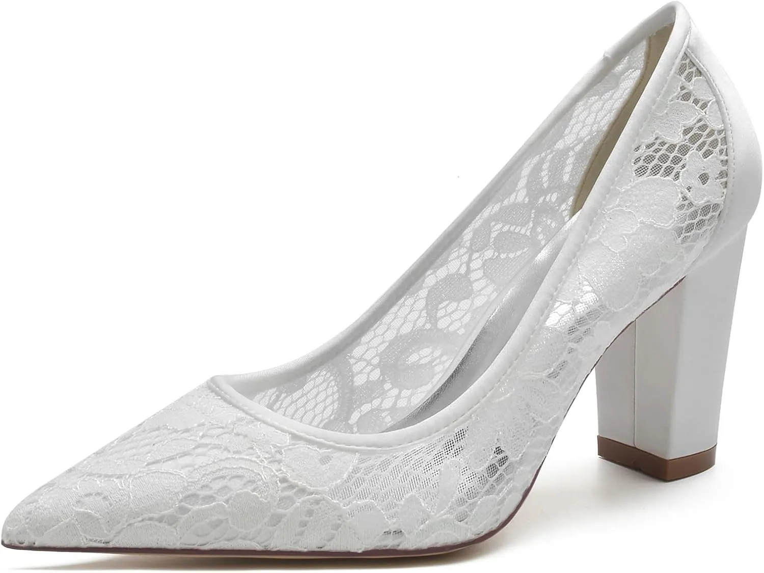 Lace Closed Toe Wedding Shoes 8.5Cm Chunky Heel Bridesmaid Shoes for Wedding Satin Slip on Ivory Court Shoes