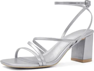 LACUONE Strappy Heels for women Block Heels Square Toe Chunky Ankle Buckle Pump Heeled Sandals