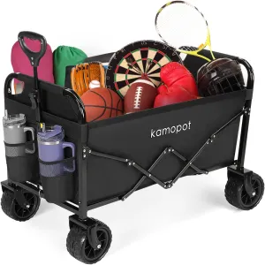 Large Collapsible Wagon Foldable for Grocery, Beach, Park, Yard, 34" x 18" Inner Storage. 300lb Heavy Duty Folding Utility Cart on Big Wheels, Durable w/Cupholders