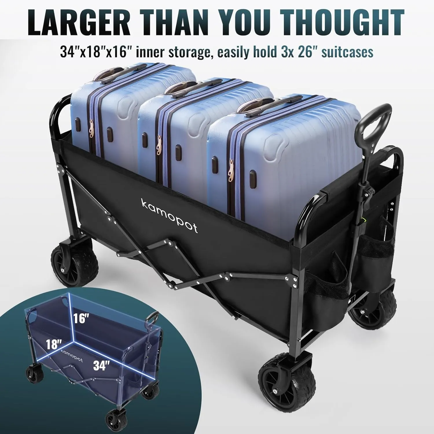 Large Collapsible Wagon Foldable for Grocery, Beach, Park, Yard, 34" x 18" Inner Storage. 300lb Heavy Duty Folding Utility Cart on Big Wheels, Durable w/Cupholders