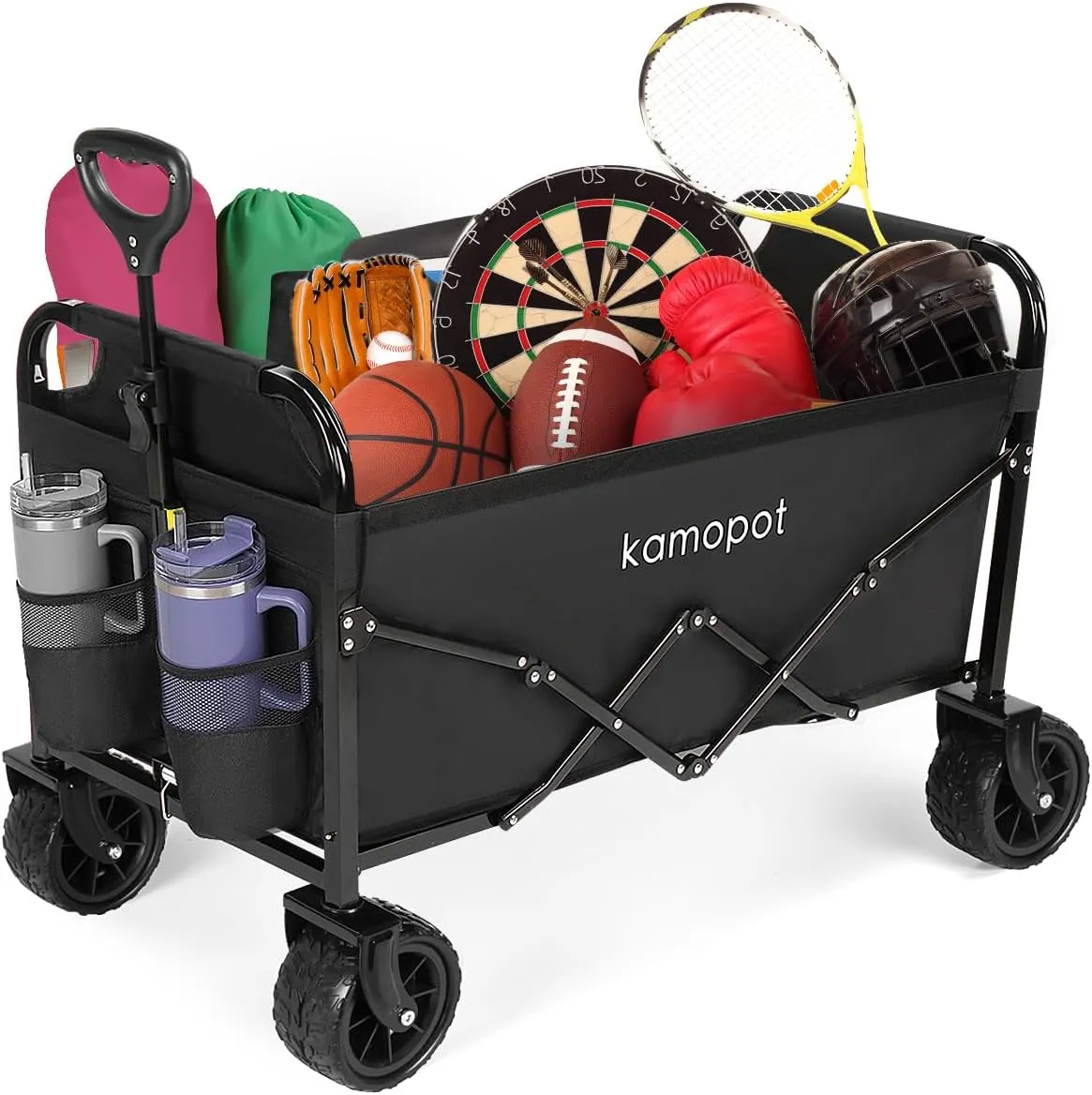 Large Collapsible Wagon Foldable for Grocery, Beach, Park, Yard, 34" x 18" Inner Storage. 300lb Heavy Duty Folding Utility Cart on Big Wheels, Durable w/Cupholders