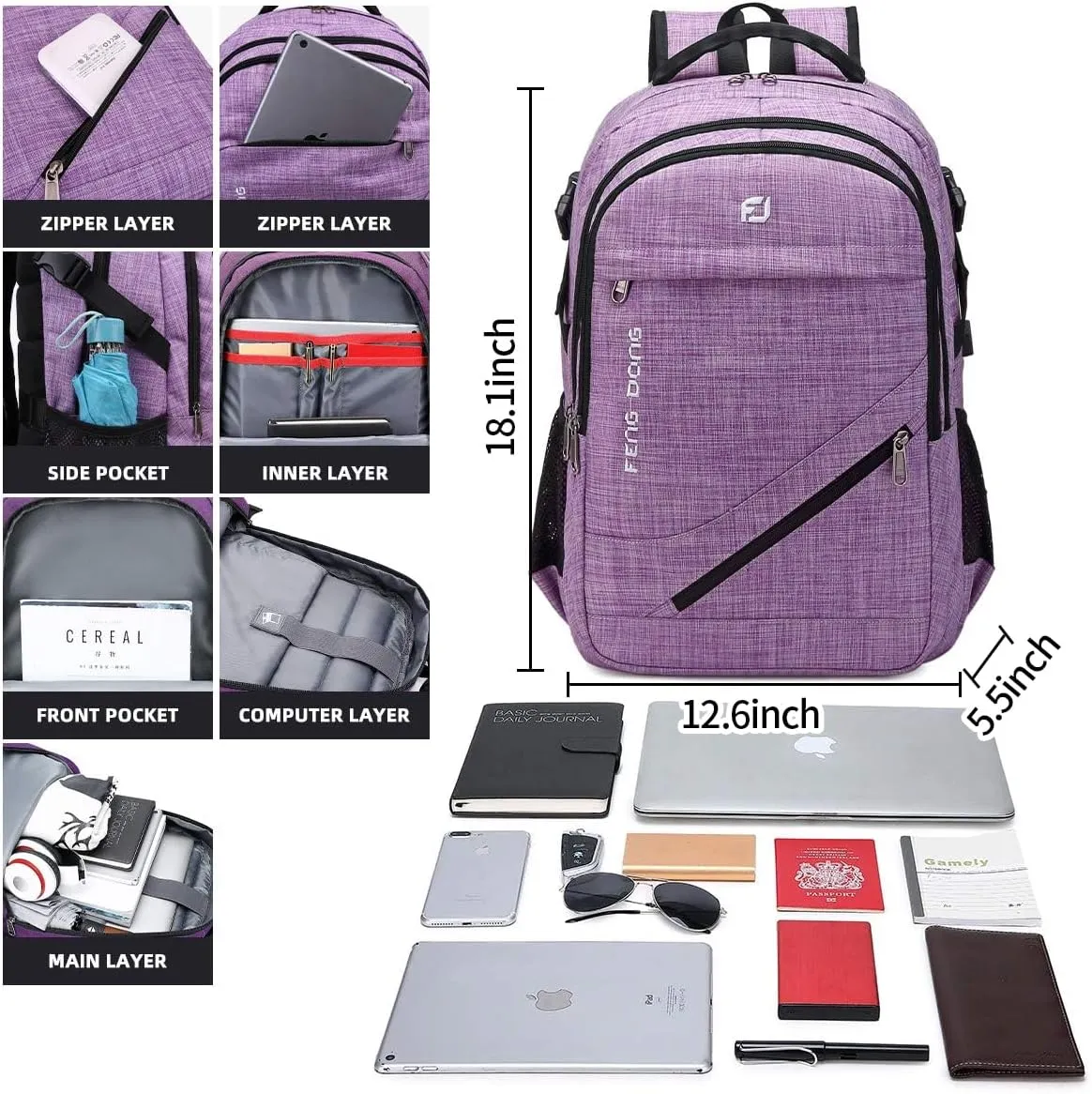 Large Laptop Backpack 17.3 inch Durable Waterproof Travel College Backpack Bookbag for Men & Women Business Backpack with USB Charging Port and Headset Port Light Purple