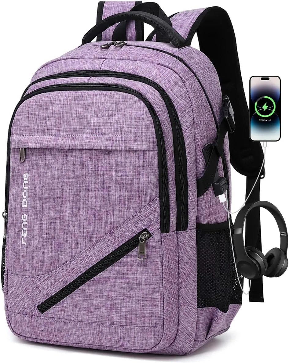 Large Laptop Backpack 17.3 inch Durable Waterproof Travel College Backpack Bookbag for Men & Women Business Backpack with USB Charging Port and Headset Port Light Purple