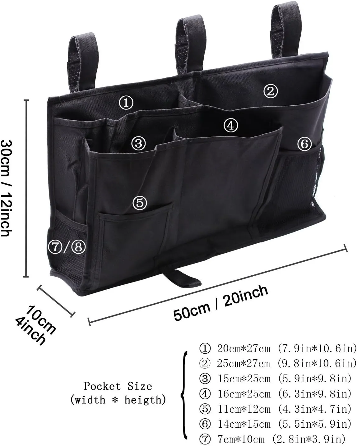 Large Pocket Bedside, Hanging Storage Organizer 8 Pockets for Books,Phones,Tablets,Accessory and TV Remote - Best for Headboards,Bed Rails,Dorm Rooms,Bunk Beds,Apartments,Bathrooms & Travel(Black)