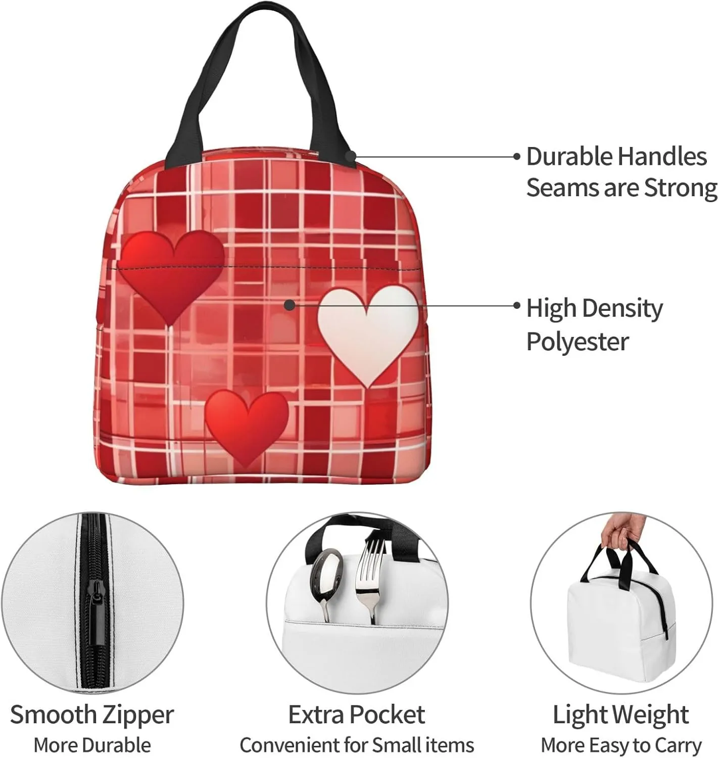 Lattice Grid Red Romance Lunch Bag for Women Men Insulated Lunch Box for Work/Picnic/Travel Reusable Durable Lunch Box
