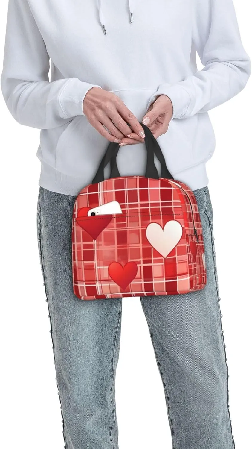 Lattice Grid Red Romance Lunch Bag for Women Men Insulated Lunch Box for Work/Picnic/Travel Reusable Durable Lunch Box