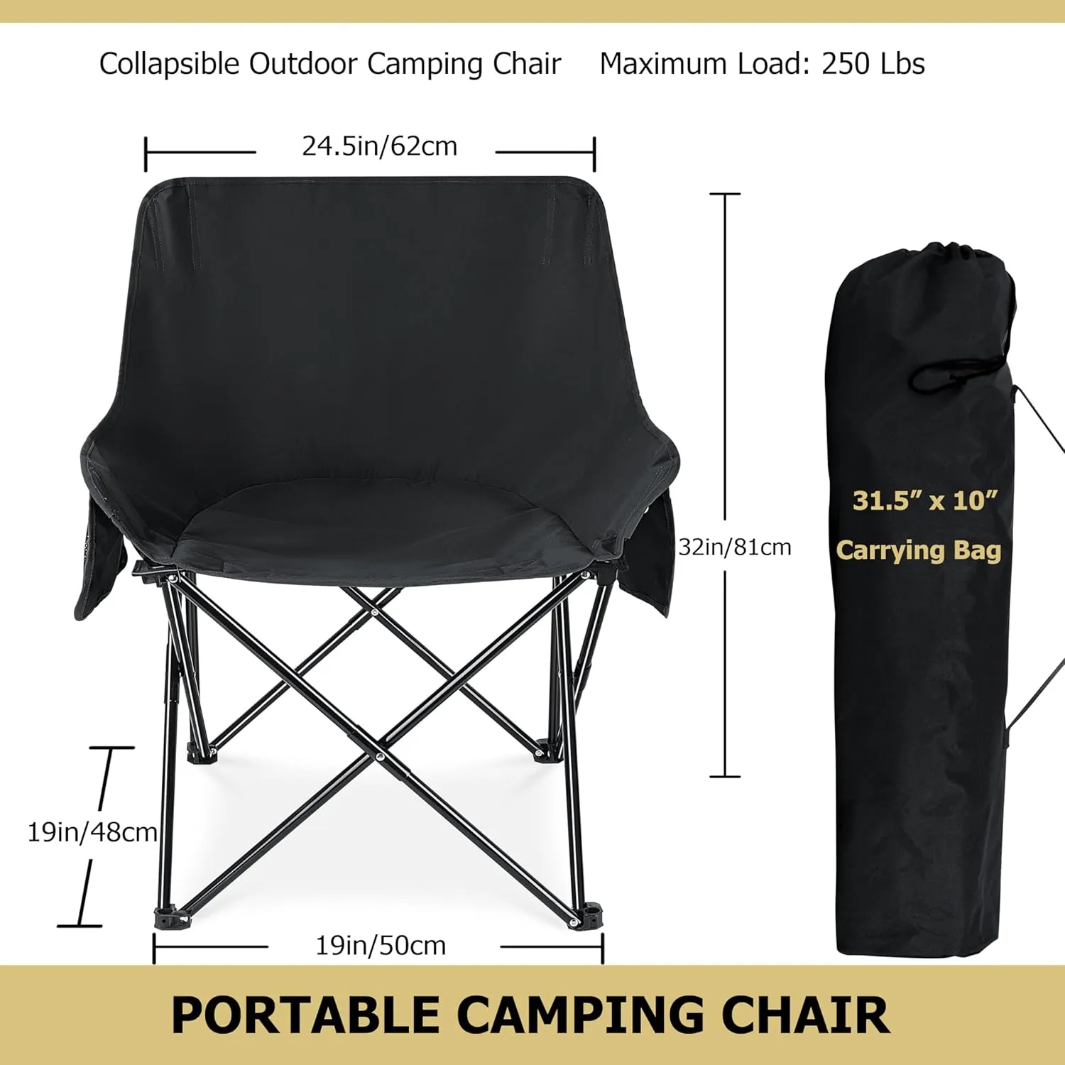 Leonyo 2 Pack Folding Camping Chairs, Portable Outdoor Beach Lawn Chairs for Adults with Carrying Bag for Outside Fishing, Hiking & Festivals, Black
