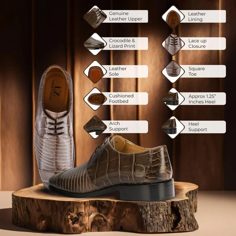 LIBERTYZENO Mens Croco Lizard Print Genuine Leather Adults Slip On & Lace Up Oxford Dress Shoes for Easter Gift