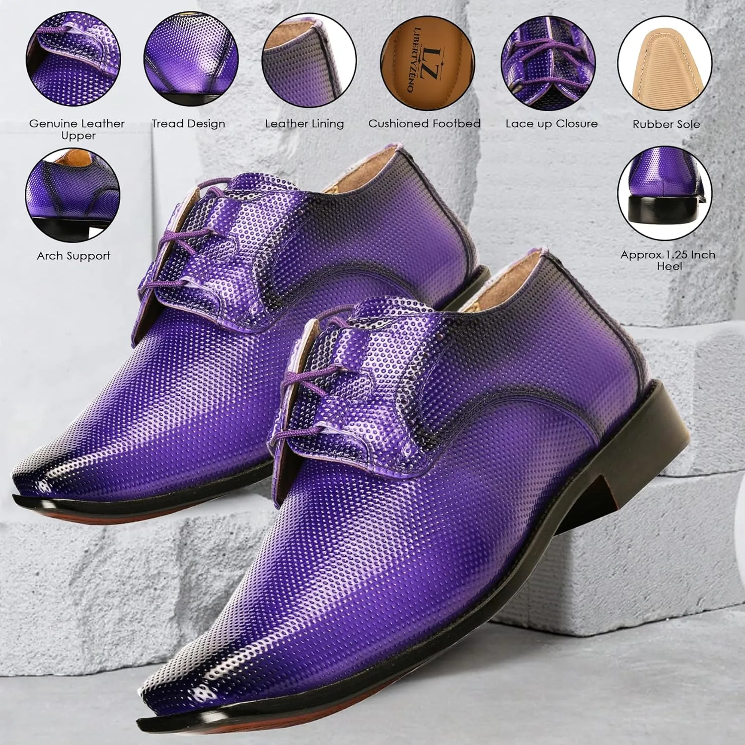 LIBERTYZENO Mens Plain & Animal Print Purple Genuine Leather Adults Slip On & Lace Up Oxford Dress Shoes/Prom Shoes for Easter Gift
