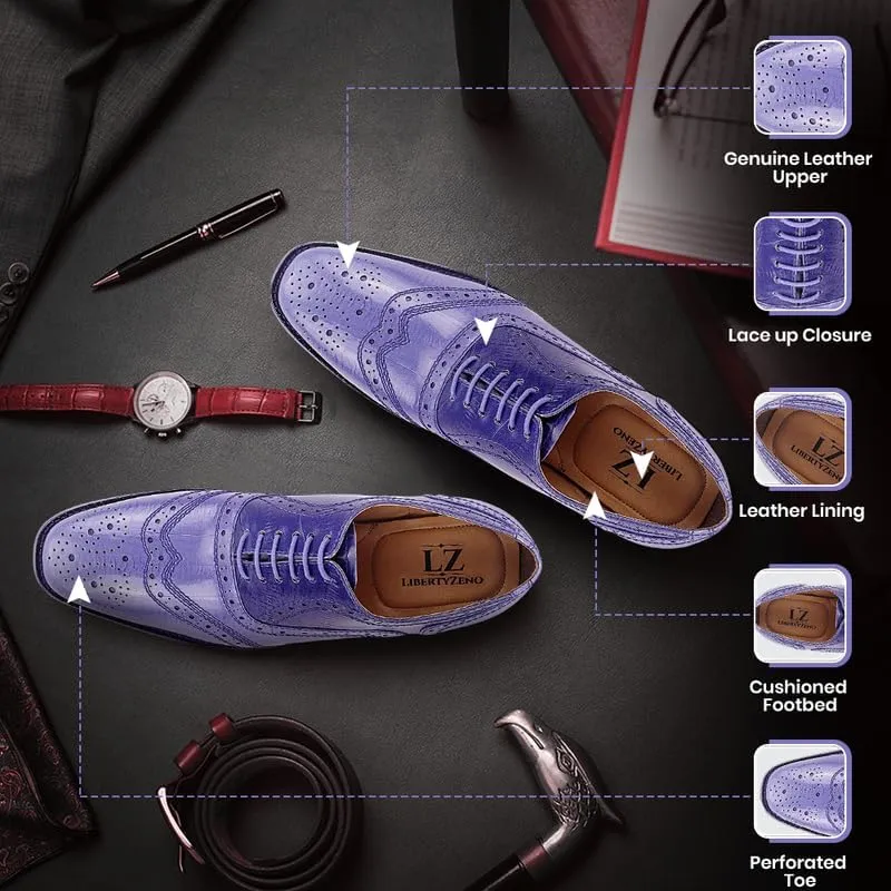 LIBERTYZENO Mens Plain & Animal Print Purple Genuine Leather Adults Slip On & Lace Up Oxford Dress Shoes/Prom Shoes for Prom Graduation