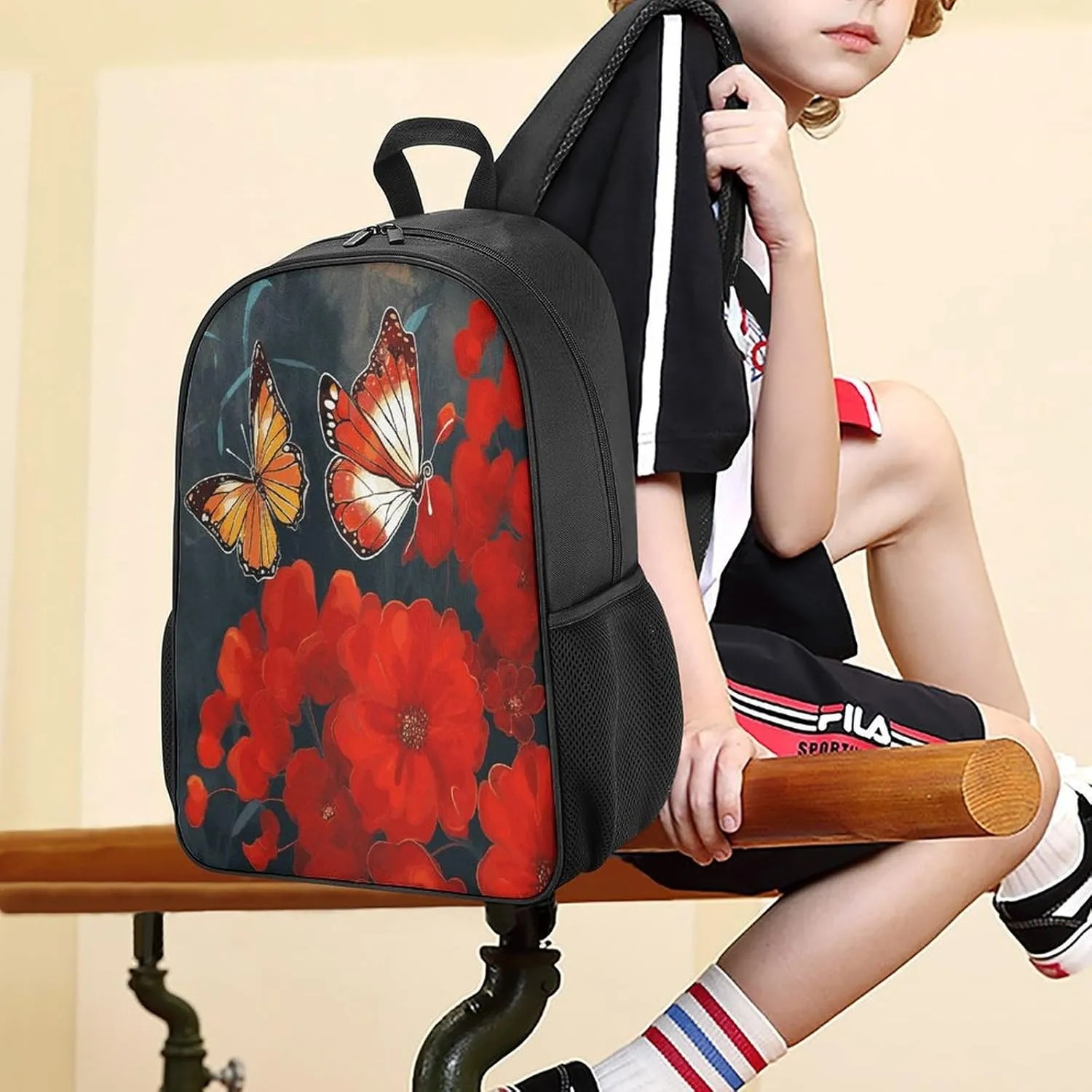 Lightweight Backpacks Cute Travel Bag Durable Red Flowers And Butterflies Printing Small Travel Backpack For Women & Men