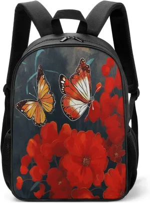 Lightweight Backpacks Cute Travel Bag Durable Red Flowers And Butterflies Printing Small Travel Backpack For Women & Men