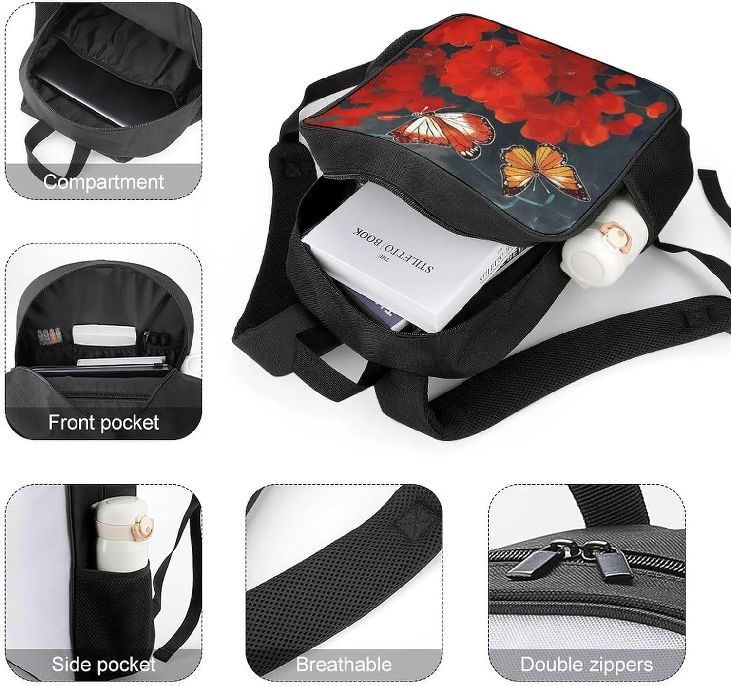 Lightweight Backpacks Cute Travel Bag Durable Red Flowers And Butterflies Printing Small Travel Backpack For Women & Men