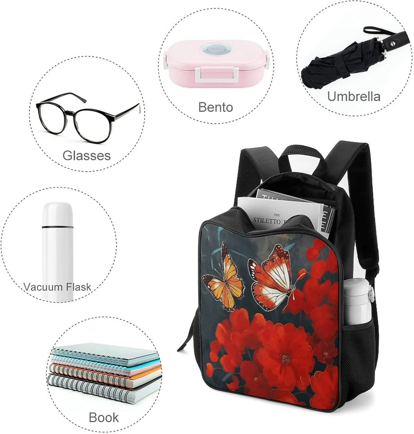 Lightweight Backpacks Cute Travel Bag Durable Red Flowers And Butterflies Printing Small Travel Backpack For Women & Men
