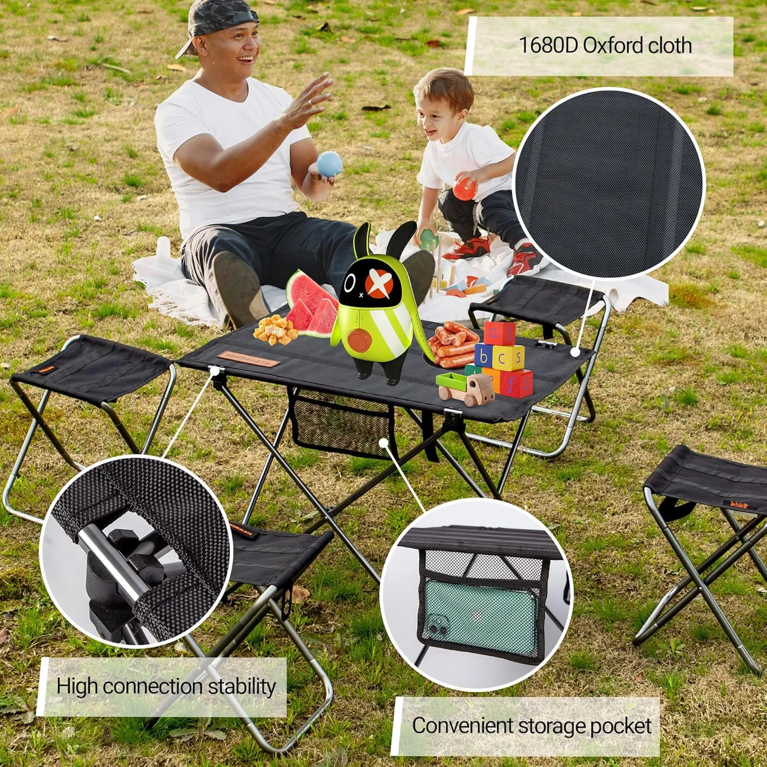 Lightweight Camping Folding Table Set, Small Durable Aluminum Frame and Seat for 3 People, Oxford Cloth Tabletop Aluminum for Outdoor Garden BBQ Beach Picnic (Small Table with 5 Chairs)