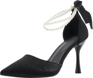 LizFoYa Women Romantic Pearls Wedding D’Orsay High Heels Cutout Evening Dress Heels with Ribbon Bows