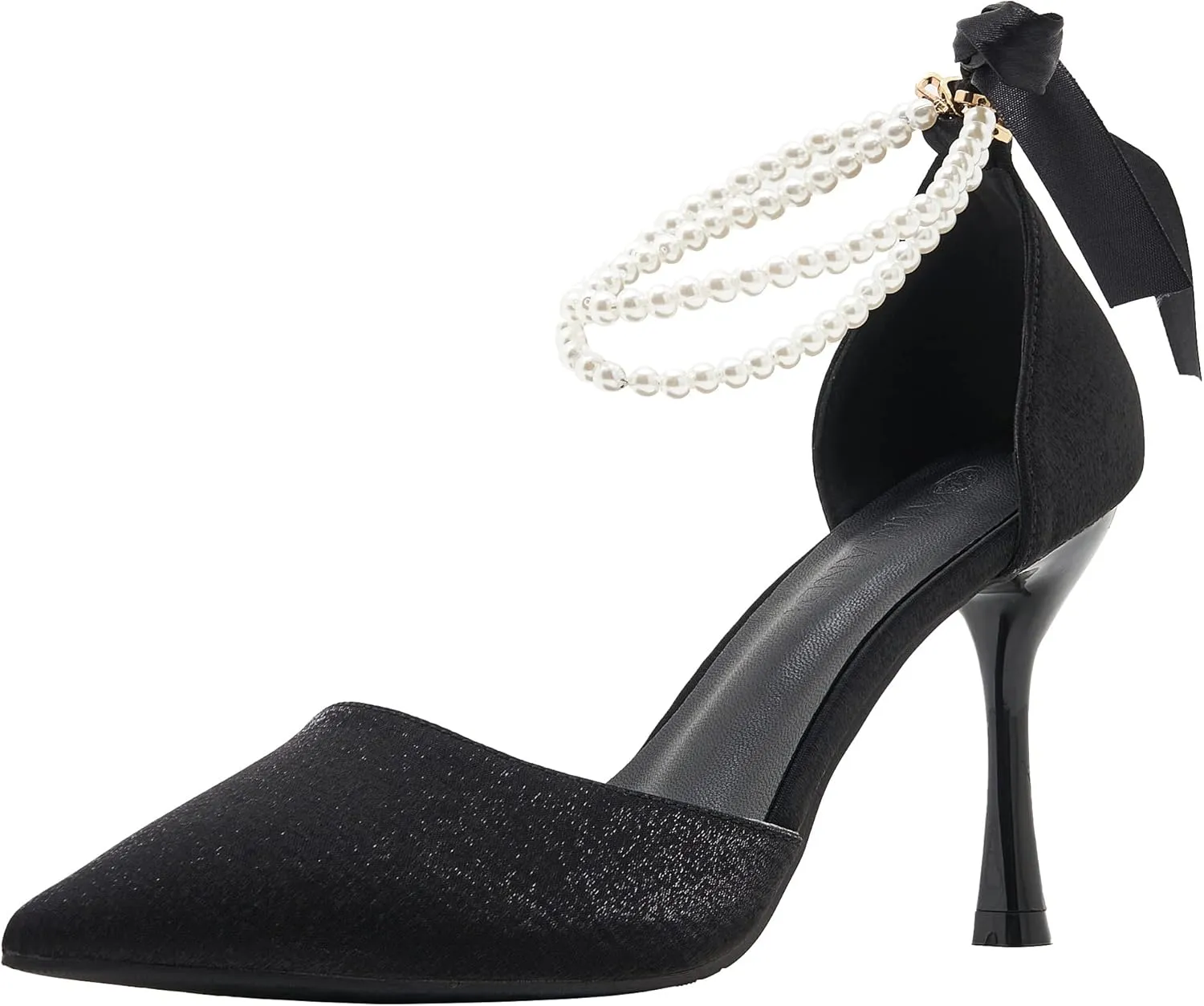 LizFoYa Women Romantic Pearls Wedding D’Orsay High Heels Cutout Evening Dress Heels with Ribbon Bows