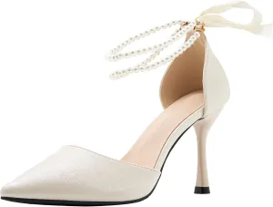 LizFoYa Women Romantic Pearls Wedding D’Orsay High Heels Cutout Evening Dress Heels with Ribbon Bows