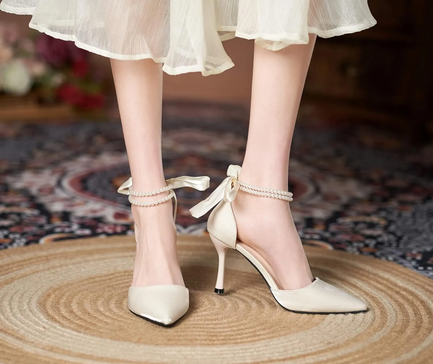 LizFoYa Women Romantic Pearls Wedding D’Orsay High Heels Cutout Evening Dress Heels with Ribbon Bows