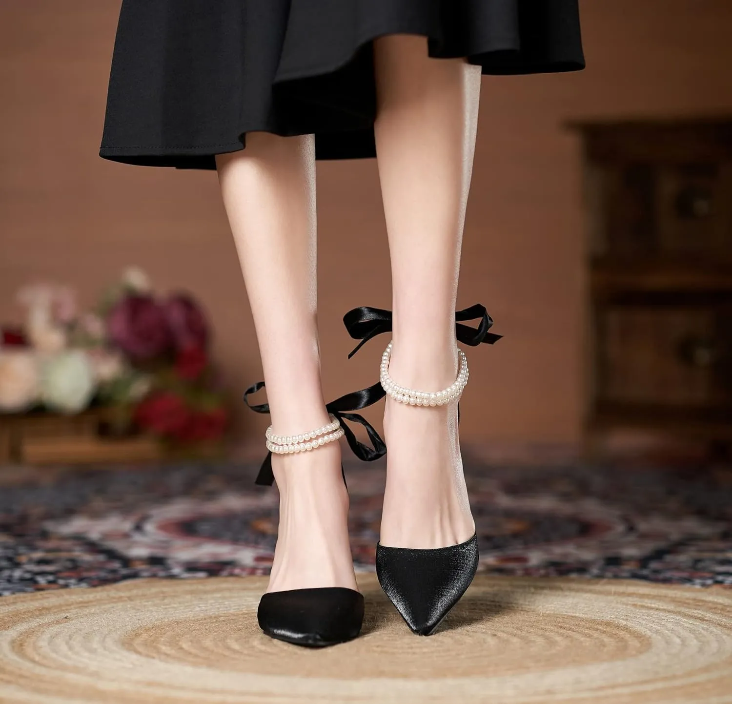 LizFoYa Women Romantic Pearls Wedding D’Orsay High Heels Cutout Evening Dress Heels with Ribbon Bows