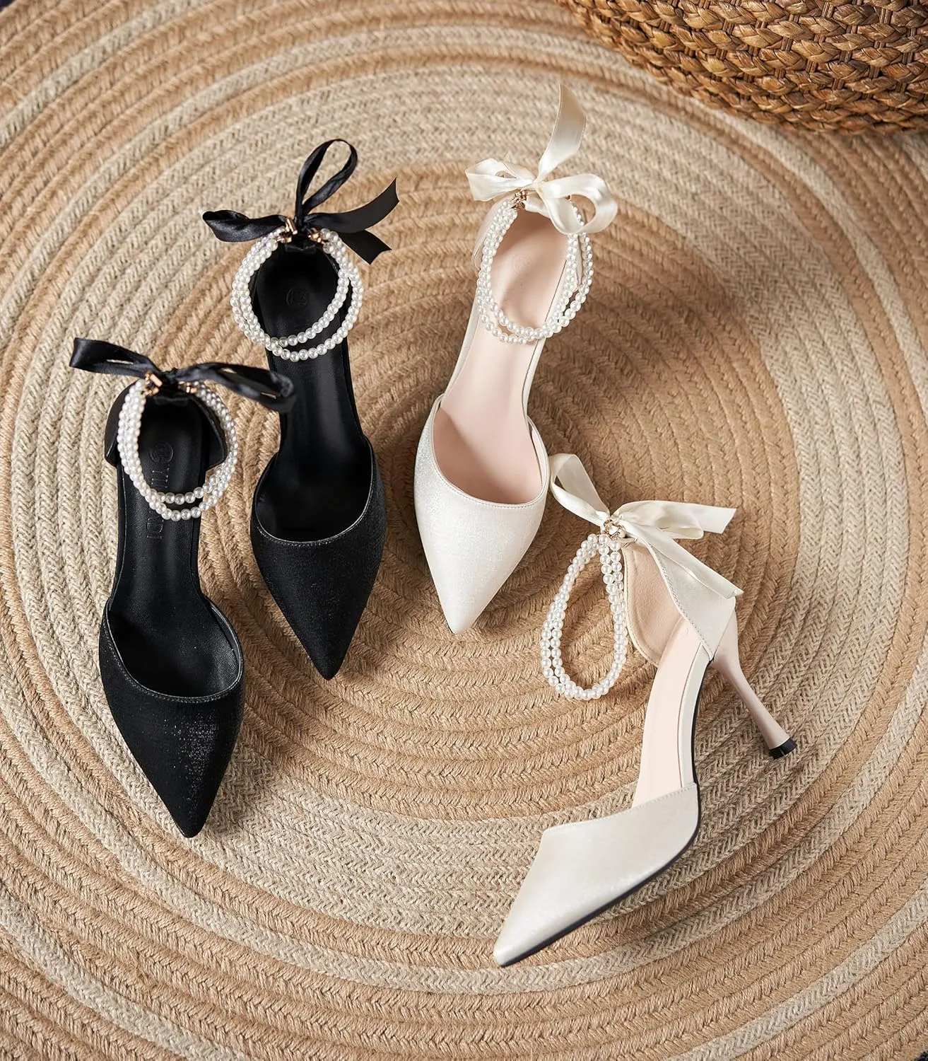 LizFoYa Women Romantic Pearls Wedding D’Orsay High Heels Cutout Evening Dress Heels with Ribbon Bows
