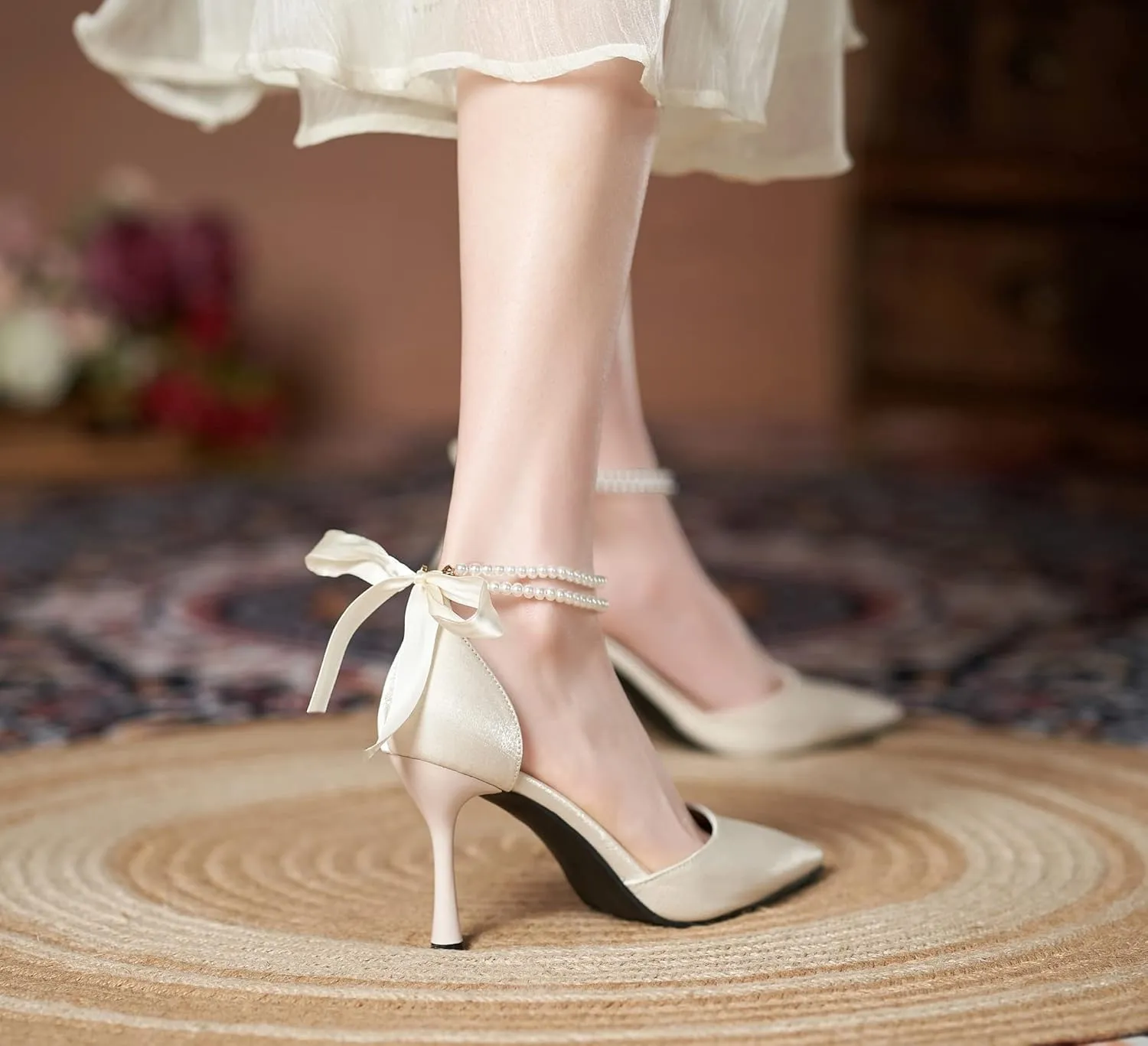 LizFoYa Women Romantic Pearls Wedding D’Orsay High Heels Cutout Evening Dress Heels with Ribbon Bows