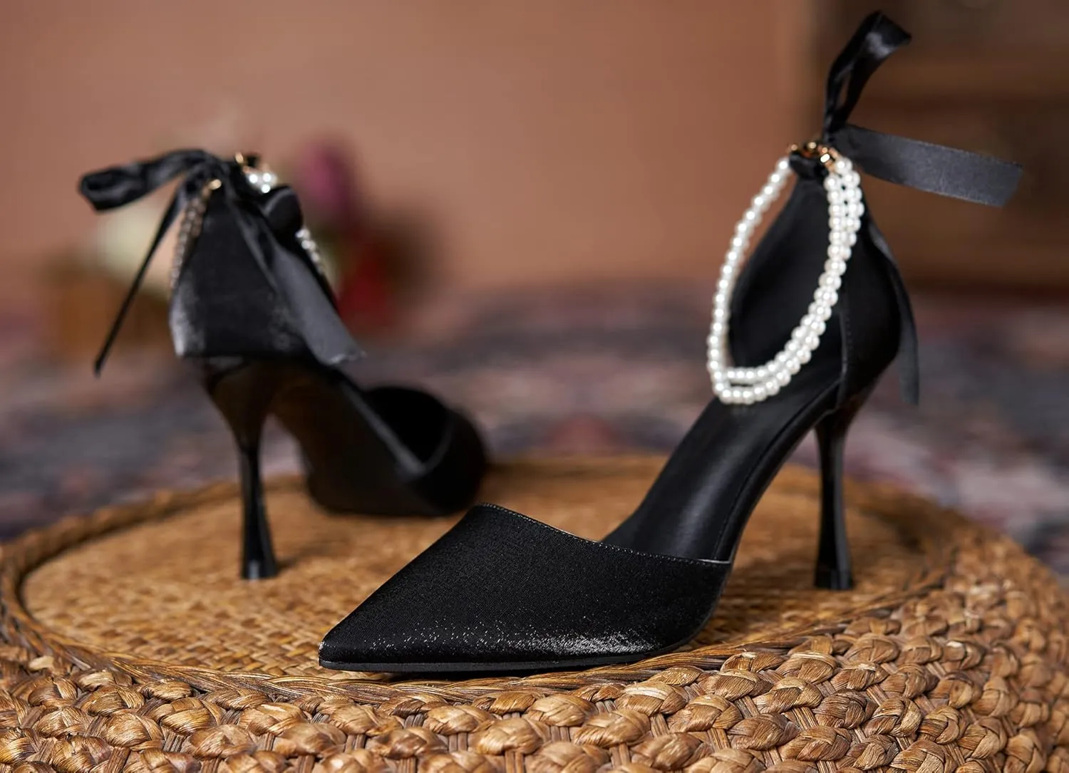 LizFoYa Women Romantic Pearls Wedding D’Orsay High Heels Cutout Evening Dress Heels with Ribbon Bows