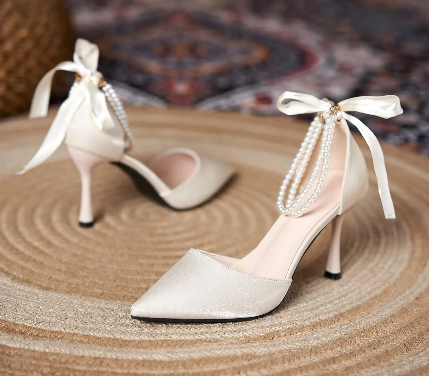 LizFoYa Women Romantic Pearls Wedding D’Orsay High Heels Cutout Evening Dress Heels with Ribbon Bows