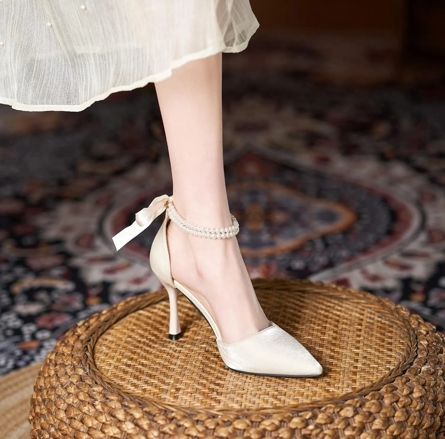 LizFoYa Women Romantic Pearls Wedding D’Orsay High Heels Cutout Evening Dress Heels with Ribbon Bows
