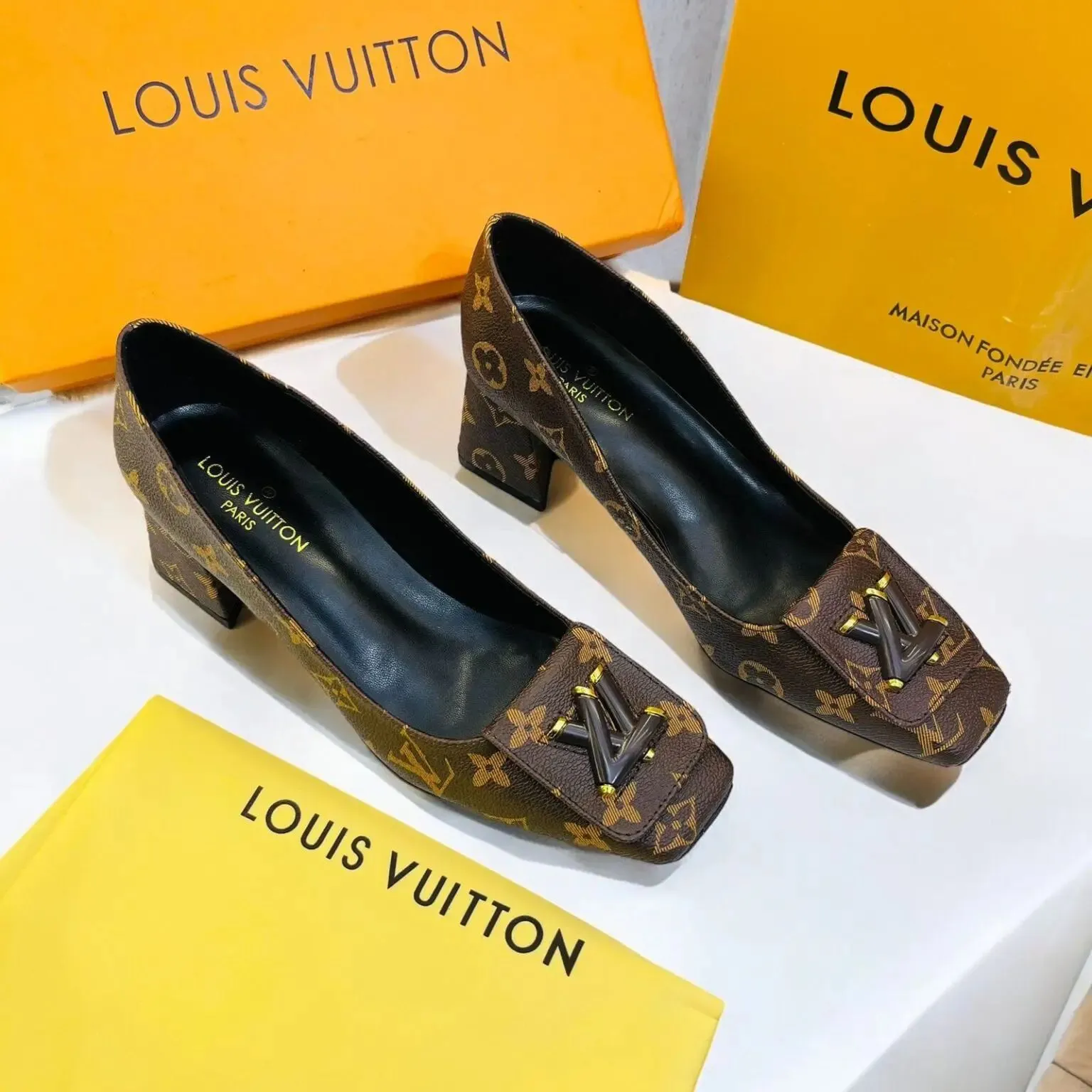 Louis Vuitton Square Toe Block Heel Pump