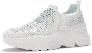 LUCKY STEP Women Slip On Rhinestone Sneaker Chunky Fashion Platform Sparkly Elastic Walking Shoes