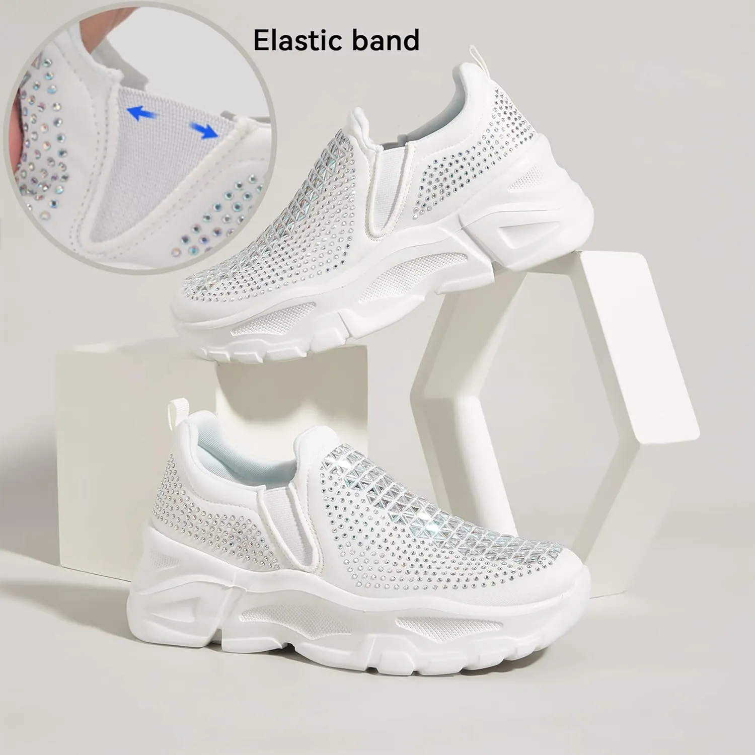 LUCKY STEP Women Slip On Rhinestone Sneaker Chunky Fashion Platform Sparkly Elastic Walking Shoes