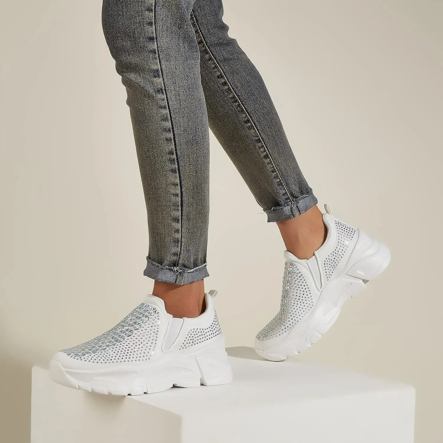 LUCKY STEP Women Slip On Rhinestone Sneaker Chunky Fashion Platform Sparkly Elastic Walking Shoes
