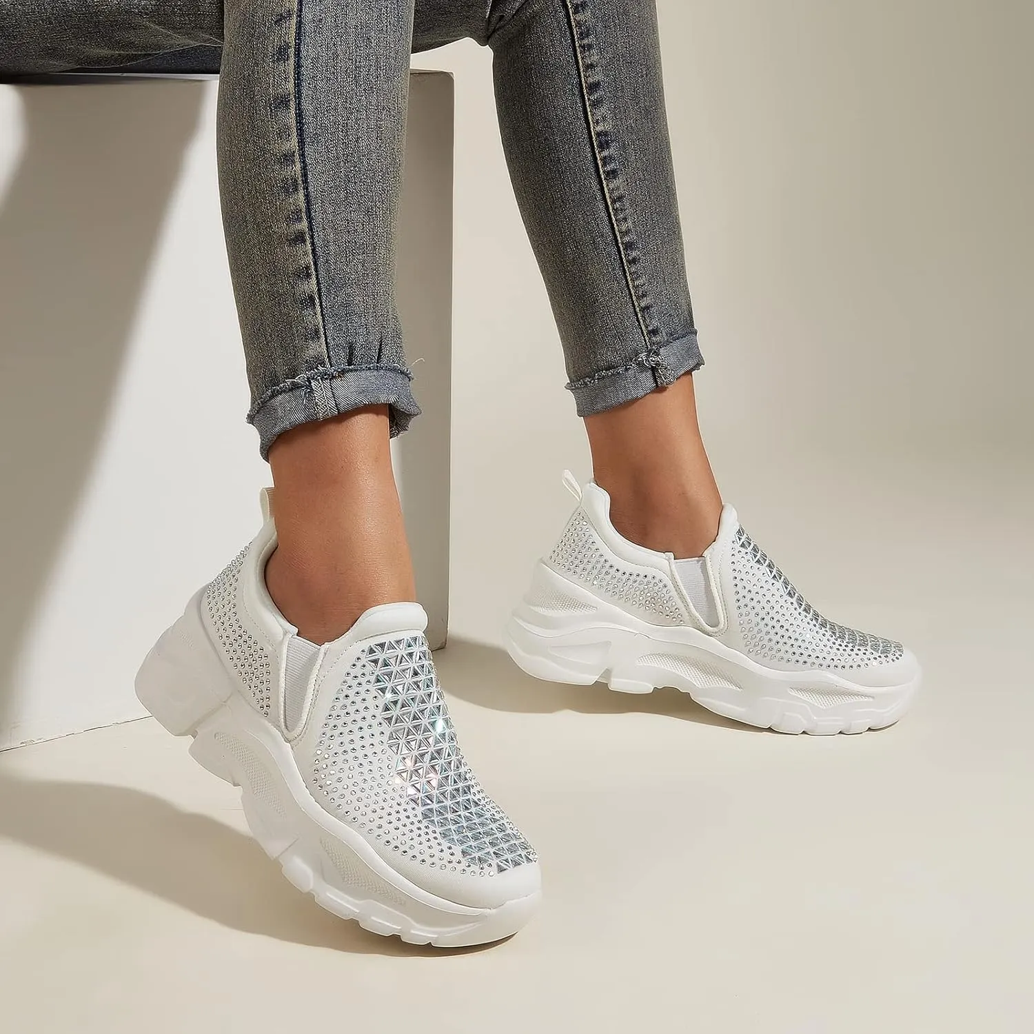 LUCKY STEP Women Slip On Rhinestone Sneaker Chunky Fashion Platform Sparkly Elastic Walking Shoes