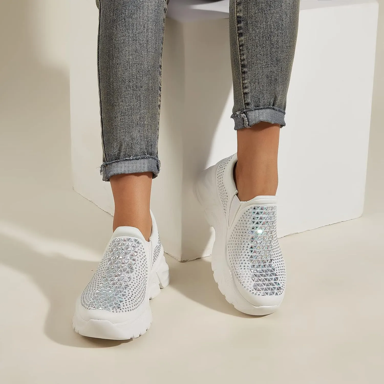 LUCKY STEP Women Slip On Rhinestone Sneaker Chunky Fashion Platform Sparkly Elastic Walking Shoes