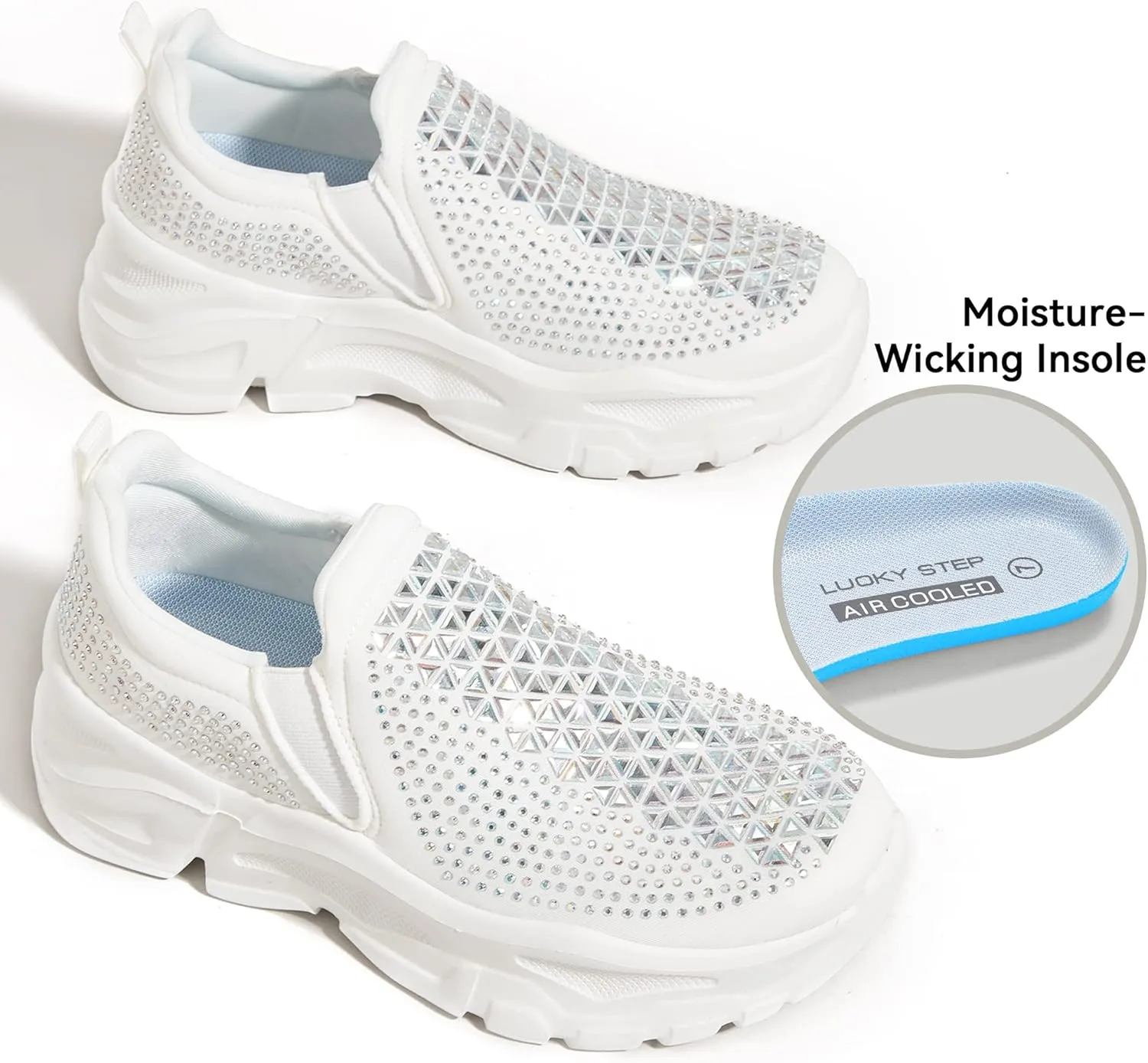 LUCKY STEP Women Slip On Rhinestone Sneaker Chunky Fashion Platform Sparkly Elastic Walking Shoes