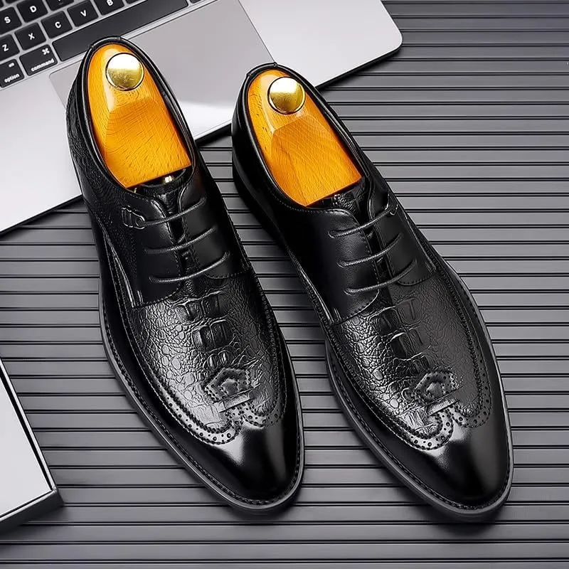 Luxury Mens Leather Shoes, Pointed Toe Men Formal Shoes, Men Crocodile Pattern Dress Oxfords, Classic Handmade Groom Wedding Shoes