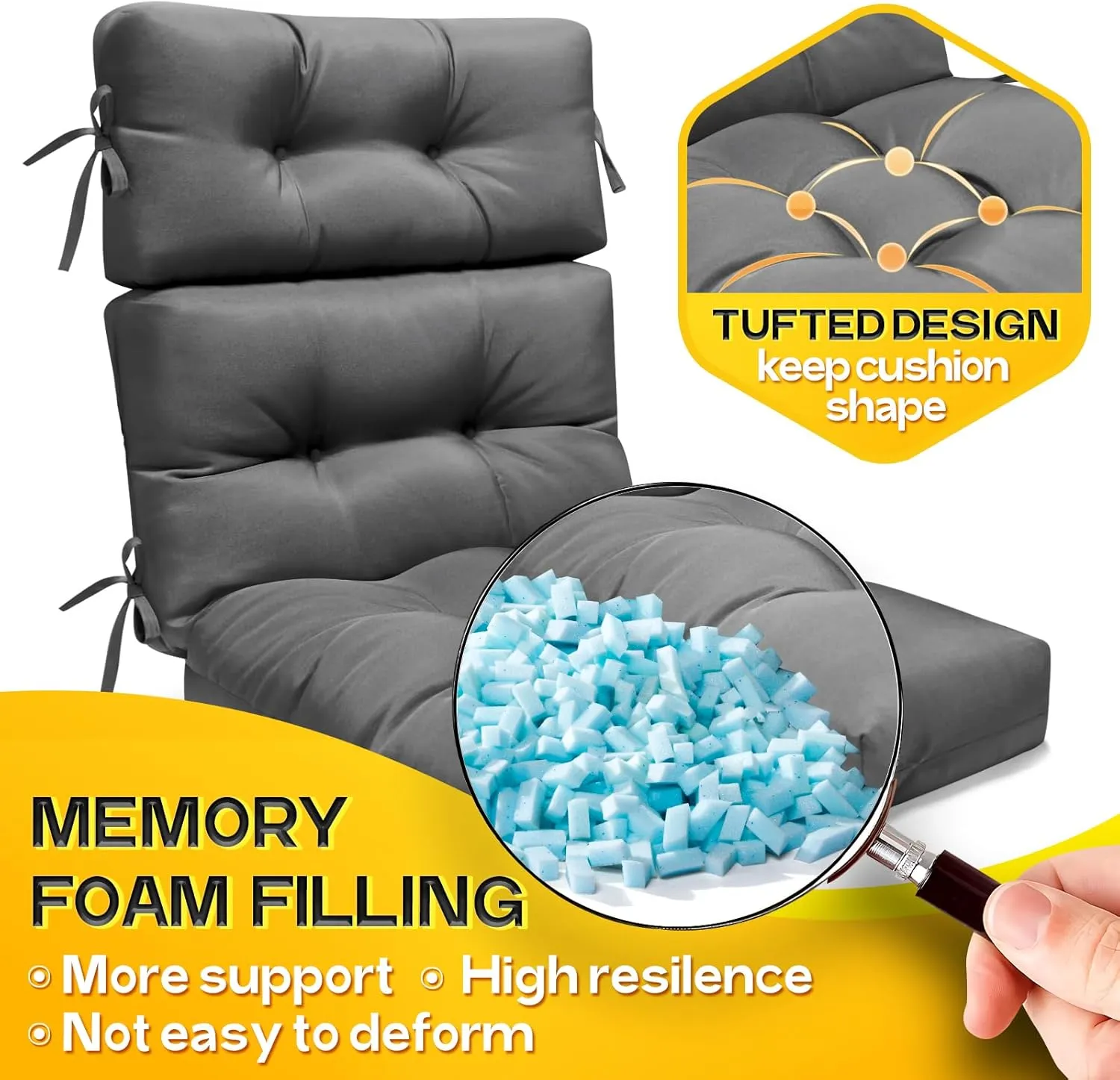 MAGIC ELEPHANT High Back Chair Cushion, Indoor Outdoor Memory Foam Chair Cushion with Ties for Adirondack and Rocking Chair, Waterproof Replacement Patio Cushion for Chair (Grey)