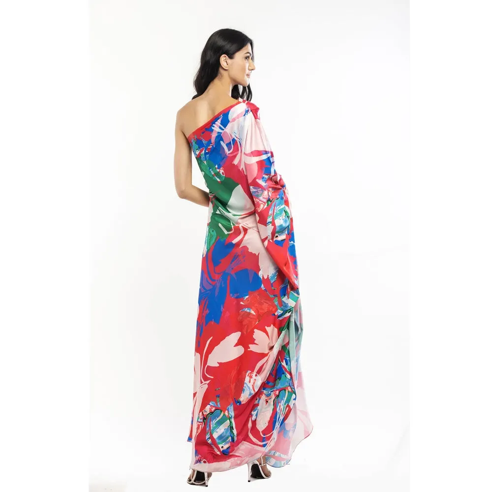 MANDIRA WIRK Satin Printed One Shoulder Kaftan Red & Beige