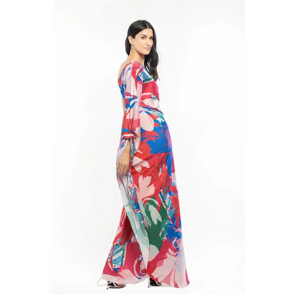 MANDIRA WIRK Satin Printed One Shoulder Kaftan Red & Beige